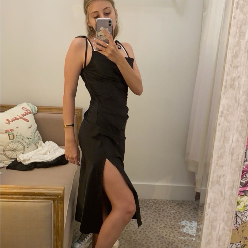 Silky Black Midi Dress with Slit size XS
